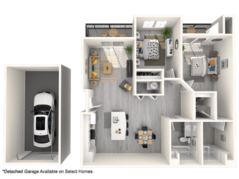 A 3D floor plan of a house with a detached garage.