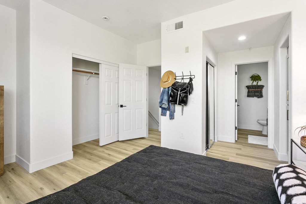 A room with a black rug and a coat rack with hats and bags.