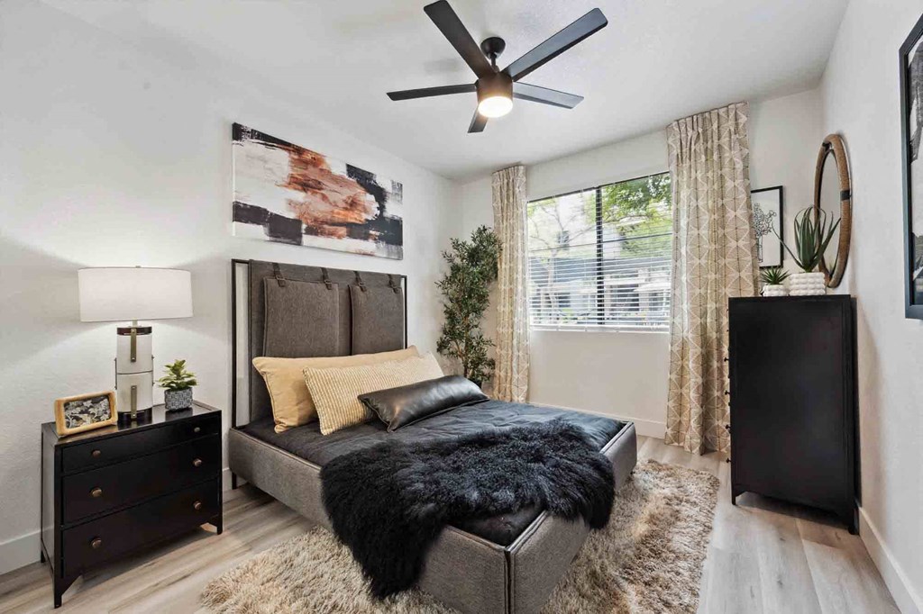 A bedroom with a black bed and a ceiling fan.