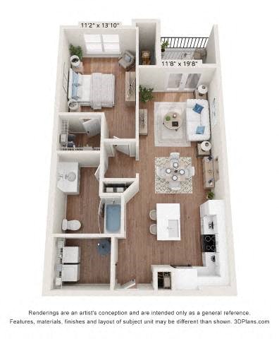 A 3D floor plan of a small apartment with a kitchen, living room, and bathroom.