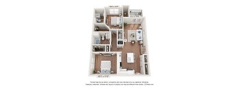 A 3D floor plan of a two-bedroom apartment with a living room, kitchen, and bathroom.