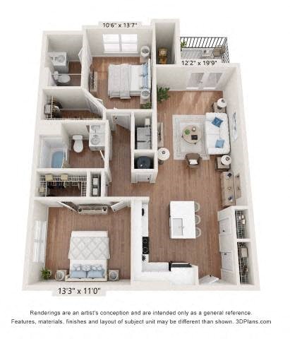 A 3D floor plan of a two-bedroom apartment with a living room, kitchen, and bathroom.