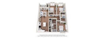A 3D floor plan of a small apartment with a kitchen, living room, and bedrooms.