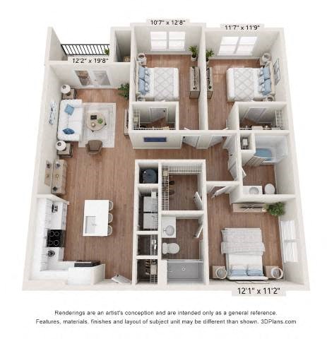 A 3D floor plan of a small apartment with a kitchen, living room, and bedrooms.