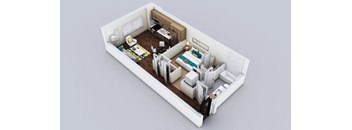 A 3D rendered image of a modern, minimalist apartment layout.