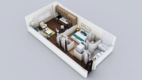 A 3D rendered image of a modern, minimalist apartment layout.