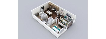 A 3D rendered image of a small apartment layout.