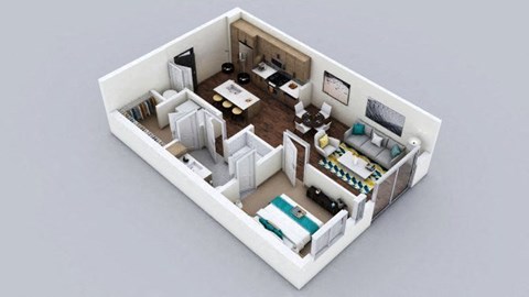 A 3D rendered image of a small apartment layout.