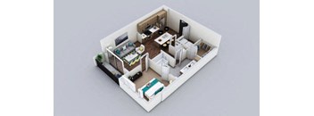 A 3D model of a small apartment with a kitchen, living room, and bedroom.