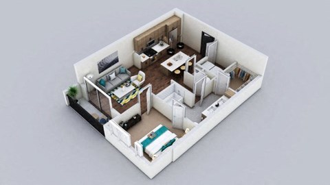A 3D model of a small apartment with a kitchen, living room, and bedroom.