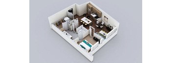 A 3D image of a small apartment layout.
