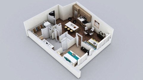 A 3D image of a small apartment layout.