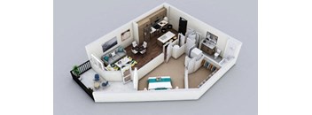 A 3D rendered image of a small apartment layout.