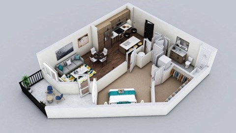 A 3D rendered image of a small apartment layout.
