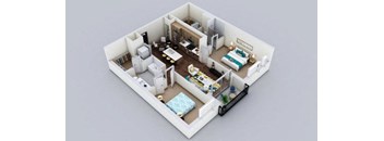 A 3D model of a small apartment with a kitchen, living room, and bedroom.