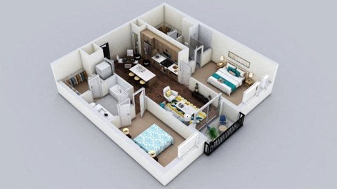 A 3D model of a small apartment with a kitchen, living room, and bedroom.