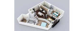 A 3D rendered image of a small apartment layout.