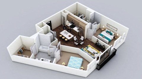 A 3D rendered image of a small apartment layout.