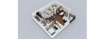 A 3D rendered image of a small apartment layout.
