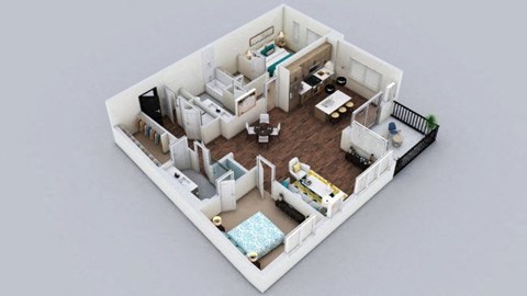 A 3D rendered image of a small apartment layout.