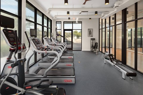 A row of treadmills are lined up in a gym.