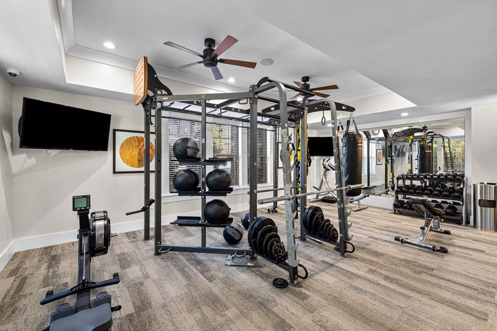 A home gym with a variety of equipment including weights and a television.