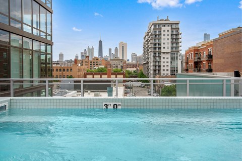 A swimming pool with a view of the city skyline.