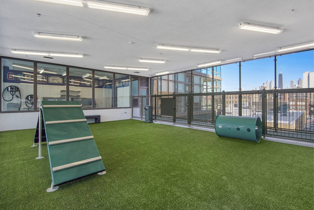 A room with a green slide and a green barrel.