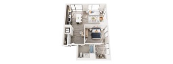 A top-down view of a well-lit, modern apartment with a kitchen, living room, and bathroom.