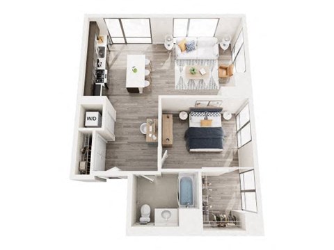 A top-down view of a well-lit, modern apartment with a kitchen, living room, and bathroom.