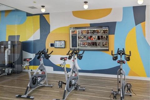A gym with exercise bikes and a wall with a blue and yellow design.