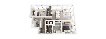 A top-down view of a small, well-organized apartment with a kitchen, living room, and bedroom.