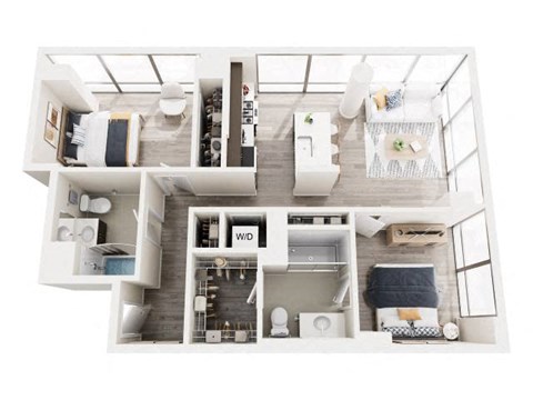 A top-down view of a small, well-organized apartment with a kitchen, living room, and bedroom.