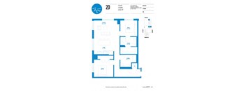 A blue and white floor plan of a 2 bedroom apartment.
