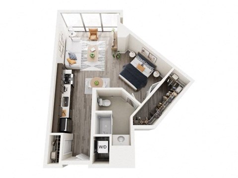 A top down view of a small apartment with a kitchen, living room and bathroom.