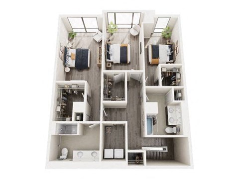 A top-down view of a small apartment with a kitchen, living room, and bathroom.