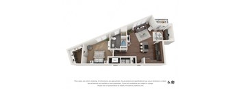 A 3D floor plan of an apartment with a kitchen, living room, and two bedrooms.