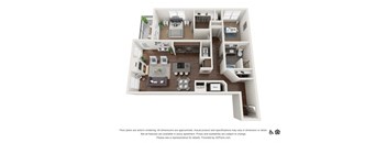 A 3D floor plan of an apartment with a kitchen, living room, and bedrooms.