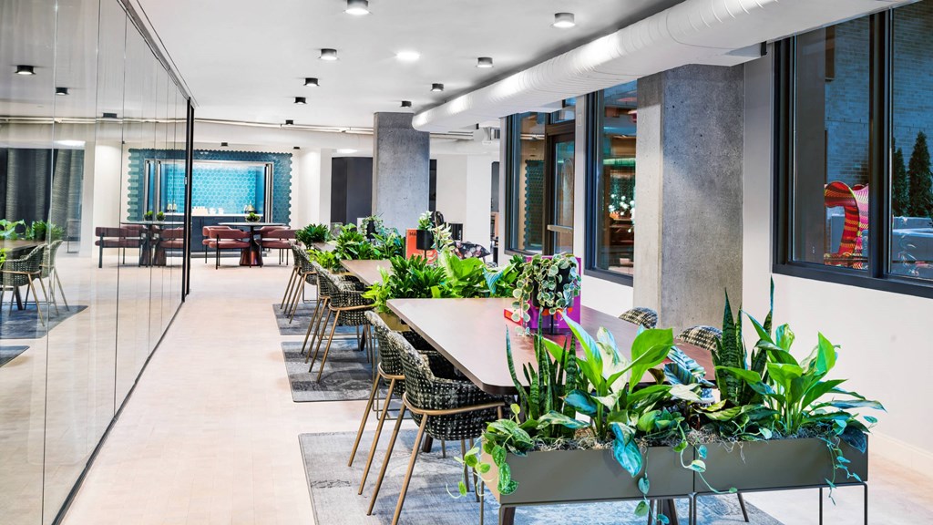 A long table with chairs and plants is in a room with a glass wall.