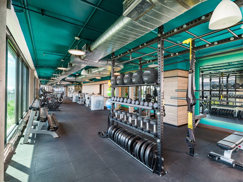 A gym with a variety of equipment including weights and exercise machines.