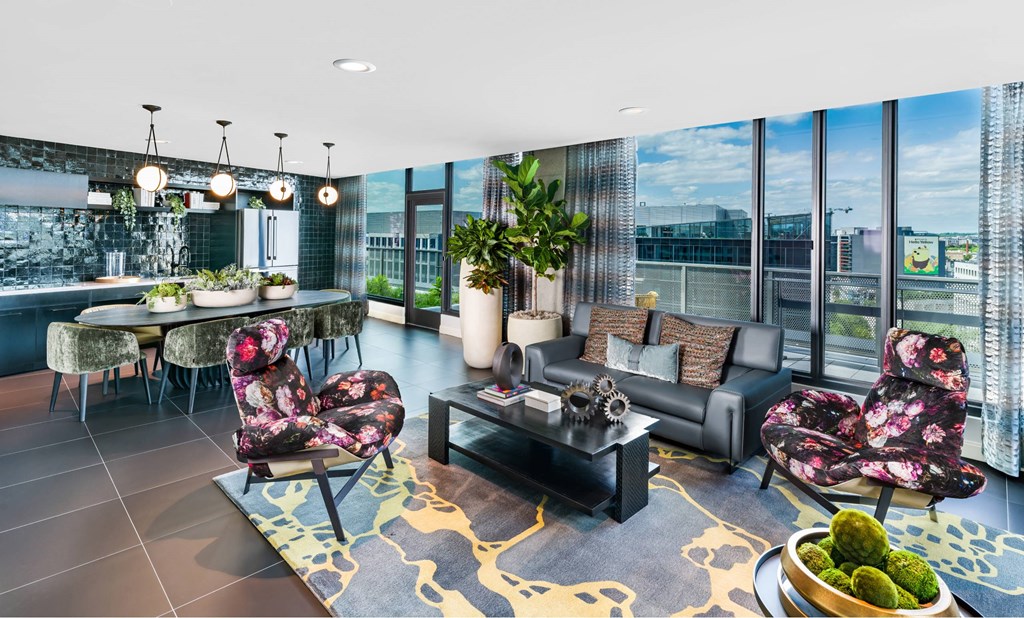 A modern living room with a view of the city.