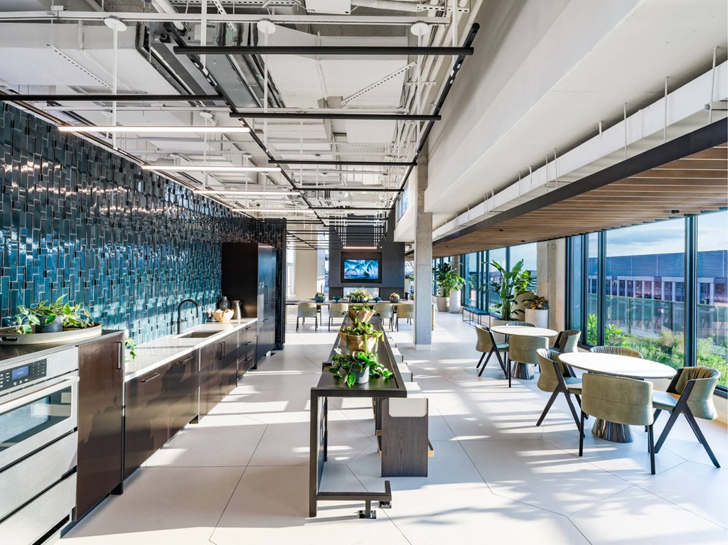 A modern kitchen with stainless steel appliances and a long counter with a green wall behind it.