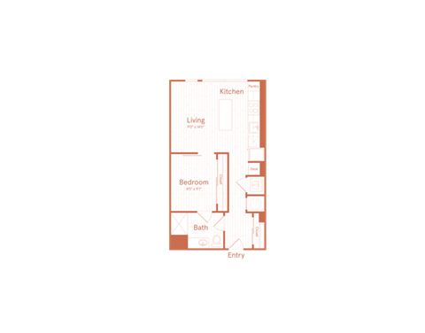 A floor plan of a living area with a kitchen, bedroom, and bathroom.