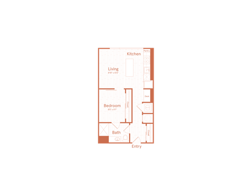 A floor plan of a house with labeled rooms including a kitchen, living room, bedroom, bath, and entry.