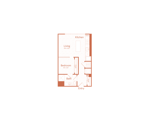 A diagram of a kitchen layout with labeled sections for the living room, bedroom, bath, and entry.