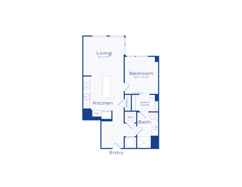 A blue and white floor plan of a living space with a kitchen, bathroom, and bedroom.