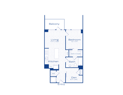 A floor plan of a house with a balcony, living room, kitchen, bathroom, and entry.