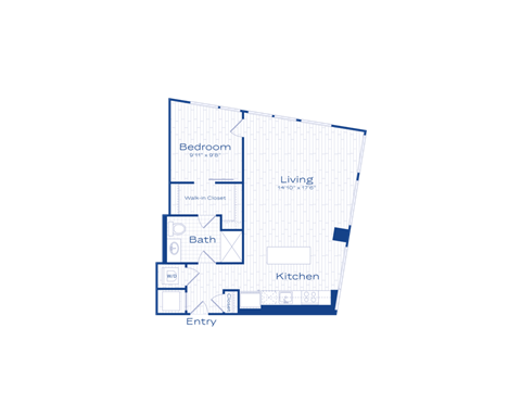 A floor plan of a house with a bedroom, living room, kitchen, bath, and entry.