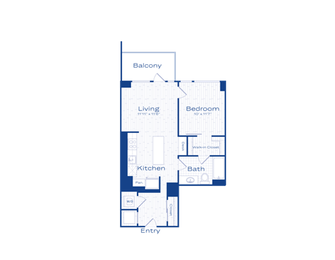 A blue and white floor plan of a house with a balcony, living room, kitchen, bathroom, and bedroom.