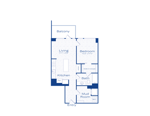 A blue and white floor plan of a house with a balcony, living room, kitchen, bath, and mud room.